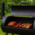 Offener BBQ-Smoker mit Grillfleisch und Spießchen