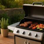 Gasgrill im Garten mit Grillgut auf dem Rost