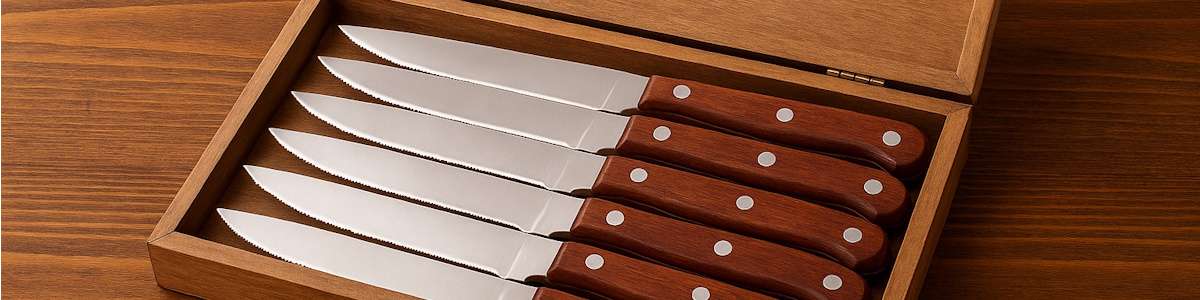 Steakmesserset in einer offenen Holzschatulle